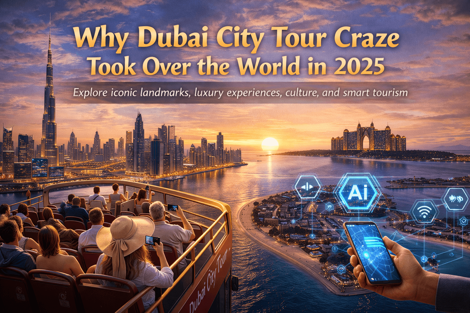 Dubai city tour showcasing Burj Khalifa, Palm Jumeirah, modern skyline, and tourists exploring iconic landmarks in 2025
